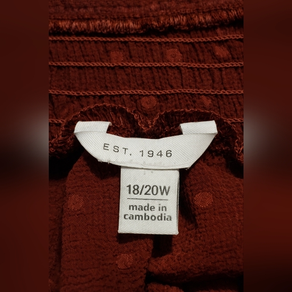 C Est. 1946 2X Rust Smocked Neck Sheer Blouse | Ruffle Sleeve Romantic Top - Picture 4 of 5